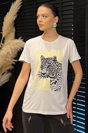 Kadın Bisiklet Yaka Baskılı Taşlı Tişört