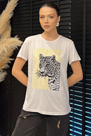 Kadın Bisiklet Yaka Baskılı Taşlı Tişört