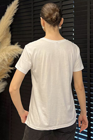 Kadın Bisiklet Yaka Baskılı Taşlı Tişört