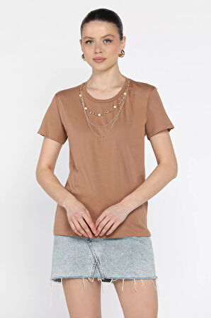 Kadın Aksesuarlı Bisiklet Yaka Tişört