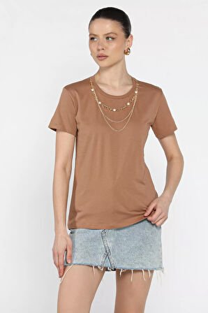 Kadın Aksesuarlı Bisiklet Yaka Tişört