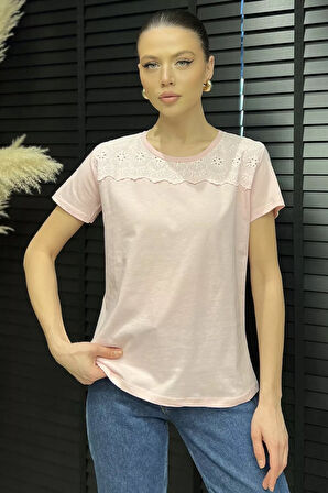 Kadın Dantel İşlemeli Bisiklet Yaka Tişört