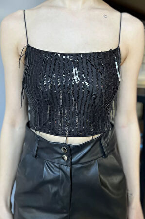 Kadın İp Askılı Pul İşlemeli Crop Top Bluz