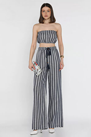 Kadın Çizgi Desenli Straplez Crop Top Bluz Palazzo Pantolon İkili Takım