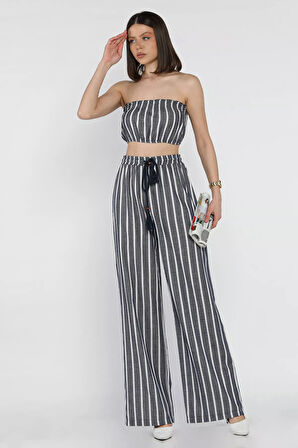 Kadın Çizgi Desenli Straplez Crop Top Bluz Palazzo Pantolon İkili Takım