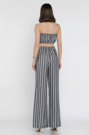 Kadın Çizgi Desenli Straplez Crop Top Bluz Palazzo Pantolon İkili Takım