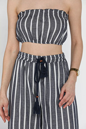 Kadın Çizgi Desenli Straplez Crop Top Bluz Palazzo Pantolon İkili Takım