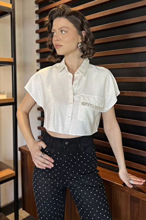 Kadın Japone Kol Tek Cepli Taş İşlemeli Keten Gömlek