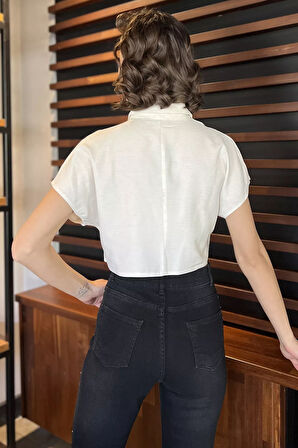 Kadın Japone Kol Tek Cepli Taş İşlemeli Keten Gömlek