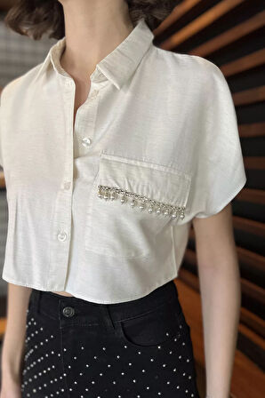Kadın Japone Kol Tek Cepli Taş İşlemeli Keten Gömlek