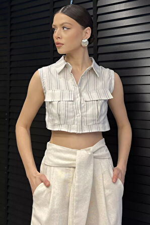 Kadın Çift Cepli Çizgi Desenli Sıfır Kol Keten Crop Top Gömlek