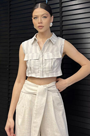 Kadın Çift Cepli Çizgi Desenli Sıfır Kol Keten Crop Top Gömlek