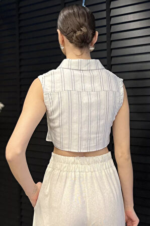 Kadın Çift Cepli Çizgi Desenli Sıfır Kol Keten Crop Top Gömlek