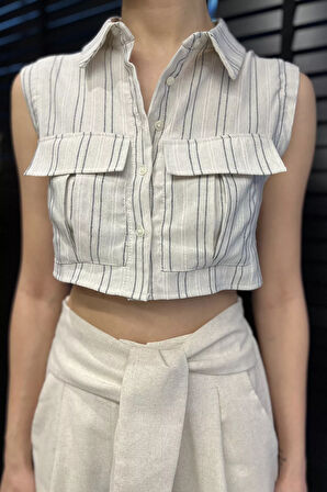 Kadın Çift Cepli Çizgi Desenli Sıfır Kol Keten Crop Top Gömlek
