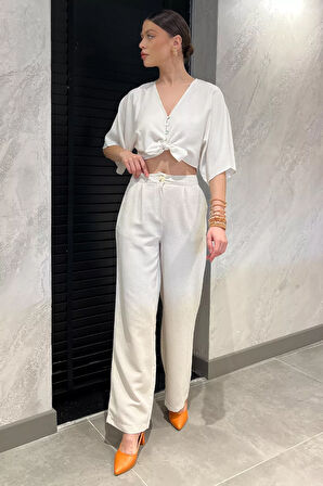 Kadın Yüksek Bel Pileli Bol Paça Palazzo Keten Pantolon