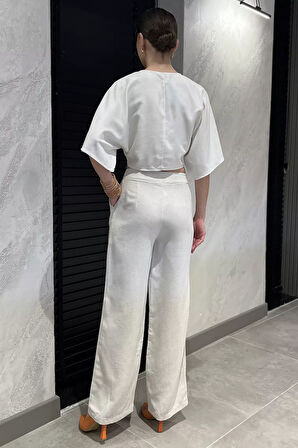 Kadın Yüksek Bel Pileli Bol Paça Palazzo Keten Pantolon