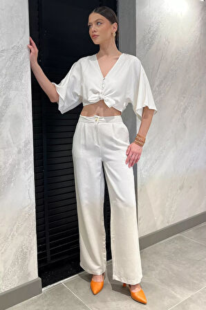 Kadın Yüksek Bel Pileli Bol Paça Palazzo Keten Pantolon