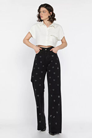 Kadın Yüksek Bel Kalp Desenli Jean Kot Pantolon