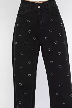 Kadın Yüksek Bel Kalp Desenli Jean Kot Pantolon