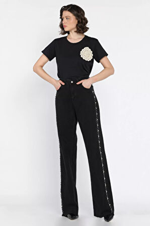 Kadın Kesik Paça Taş İşlemeli Jean Kot Pantolon