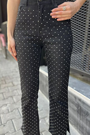 Kadın Yüksek Bel Taş İşlemeli Yırtmaç Detaylı Jean Kot Pantolon