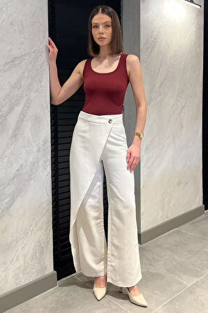 Kadın Yüksek Bel Parçalı Yan Fermuarlı Keten Pantolon