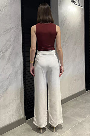 Kadın Yüksek Bel Parçalı Yan Fermuarlı Keten Pantolon