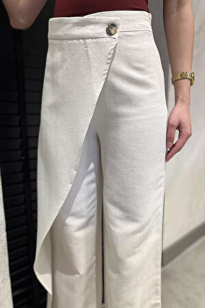 Kadın Yüksek Bel Parçalı Yan Fermuarlı Keten Pantolon