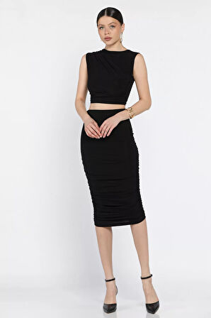 Kadın Büzgü Detaylı Likralı Etek Bluz İkili Takım