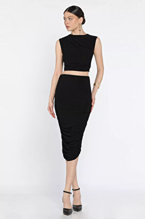 Kadın Büzgü Detaylı Likralı Etek Bluz İkili Takım