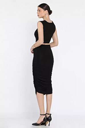 Kadın Büzgü Detaylı Likralı Etek Bluz İkili Takım