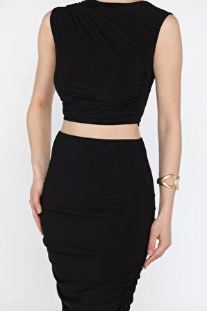 Kadın Büzgü Detaylı Likralı Etek Bluz İkili Takım