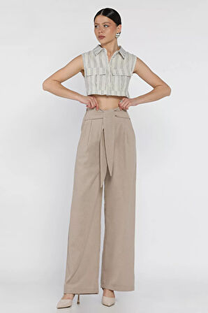 Bel Bağlamalı Fermuarlı Kadın Keten Pantolon