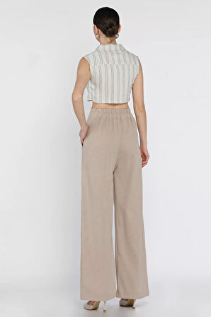 Bel Bağlamalı Fermuarlı Kadın Keten Pantolon