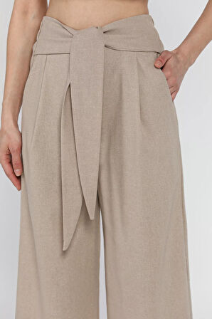 Bel Bağlamalı Fermuarlı Kadın Keten Pantolon