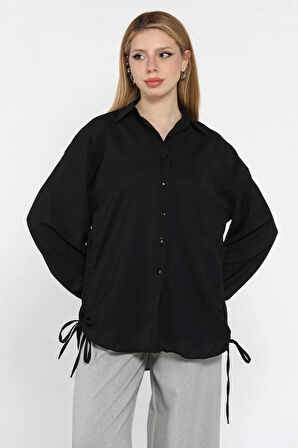 Yan Büzgülü Bağcıklı Kadın Gömlek