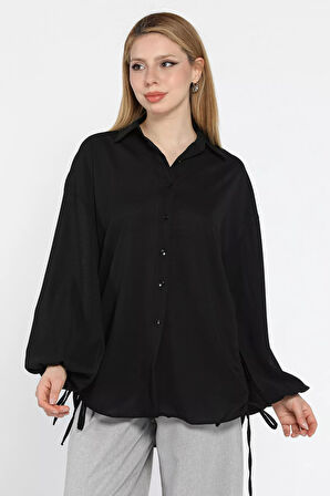 Yan Büzgülü Bağcıklı Kadın Gömlek
