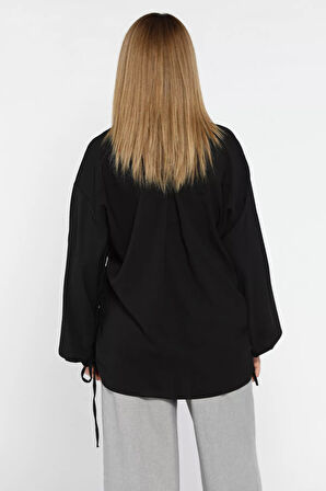 Yan Büzgülü Bağcıklı Kadın Gömlek