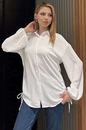 Yan Büzgülü Bağcıklı Kadın Gömlek