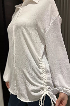 Yan Büzgülü Bağcıklı Kadın Gömlek