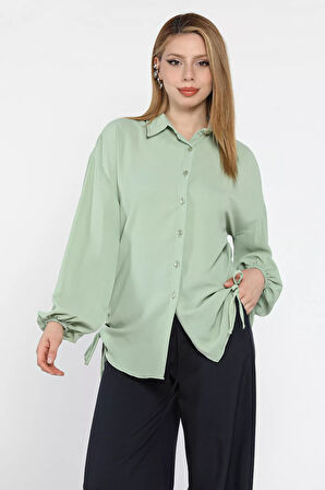 Yan Büzgülü Bağcıklı Kadın Gömlek