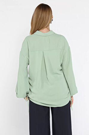 Yan Büzgülü Bağcıklı Kadın Gömlek