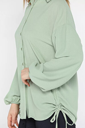 Yan Büzgülü Bağcıklı Kadın Gömlek