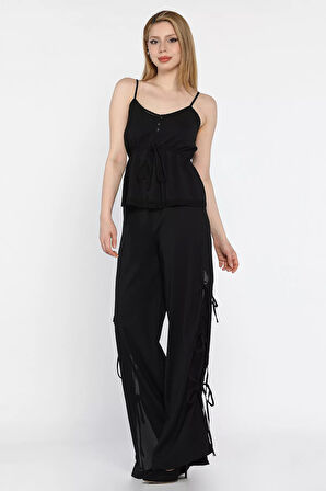 İp Askılı Bel Lastikli Bluz Pantolon İkili Takım