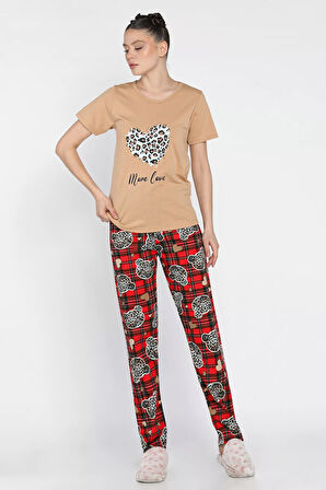 Kadın Ekose Desenli Yarım Kol Baskılı Pijama Takımı