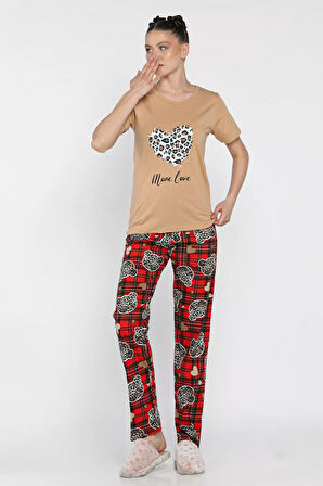 Kadın Ekose Desenli Yarım Kol Baskılı Pijama Takımı