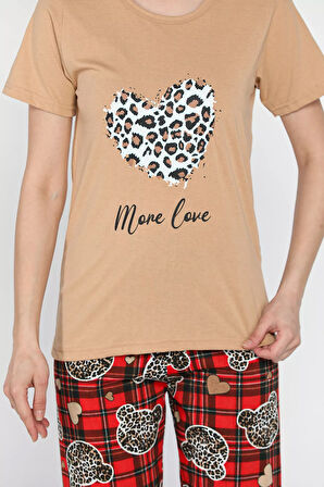 Kadın Ekose Desenli Yarım Kol Baskılı Pijama Takımı