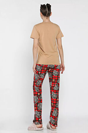 Kadın Ekose Desenli Yarım Kol Baskılı Pijama Takımı
