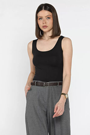 Kadın Modal Kumaş Sıfır Kol Likralı Crop Top Bluz