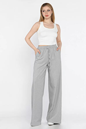 Bel Lastikli Bağcıklı Bol Paça Kadın Pantolon